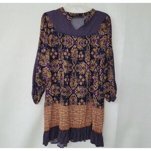 Hazel Anthropologie Boho Dress Tunic Sz L Navy Print Flowy